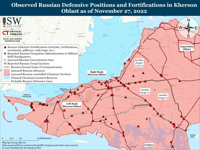 Fortificații și tranșee ruse în estul regiunii Herson. Sursa: ISW