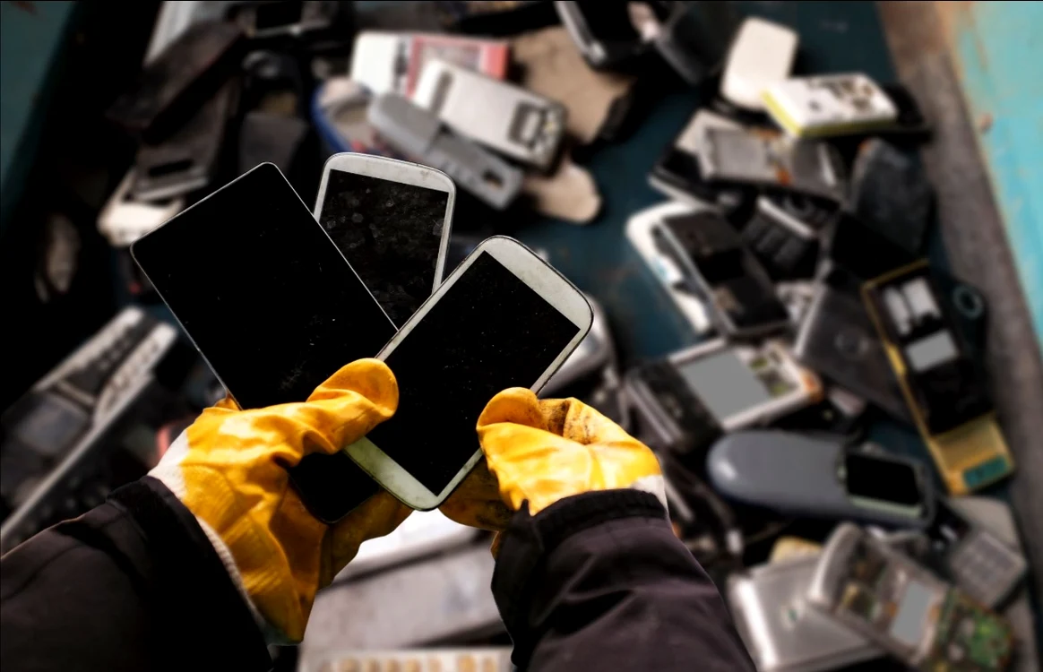 O persoană cu manuși galbene industriale sortează telefoene mobile stricate