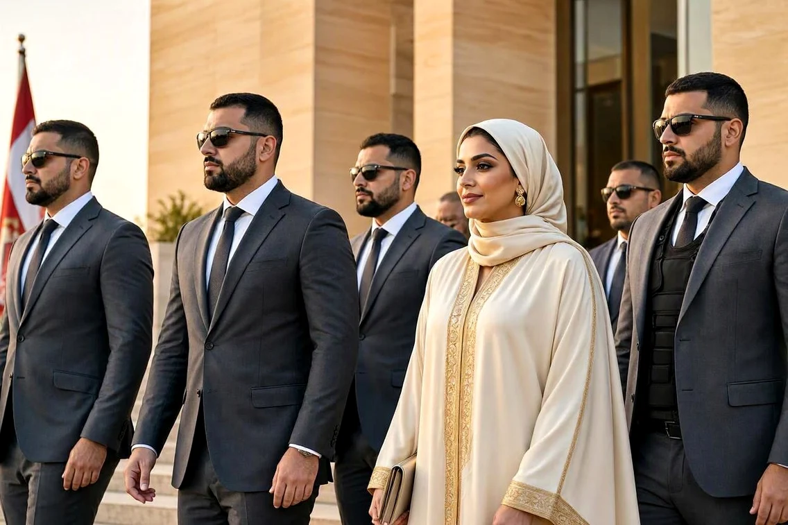 Prințesa Ameera al Taweel însoțită de bodyguarzi.