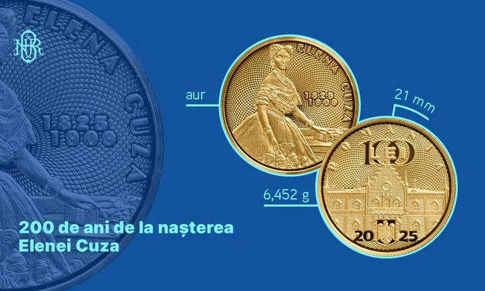 Monedă din aur cu tema 200 de ani de la naşterea Elenei Cuza (foto: BNR)