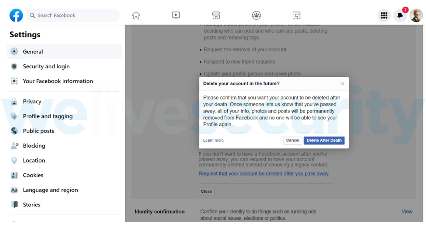 Ștergere cont Facebook după moarte. FOTO Welivesecurity