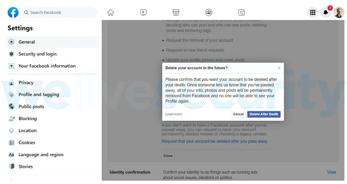 Ștergere cont Facebook după moarte. FOTO Welivesecurity