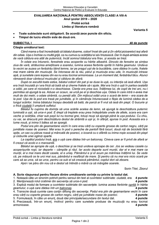 evaluarea nationala 2020 limba si literatura romana 1 jpg jpeg