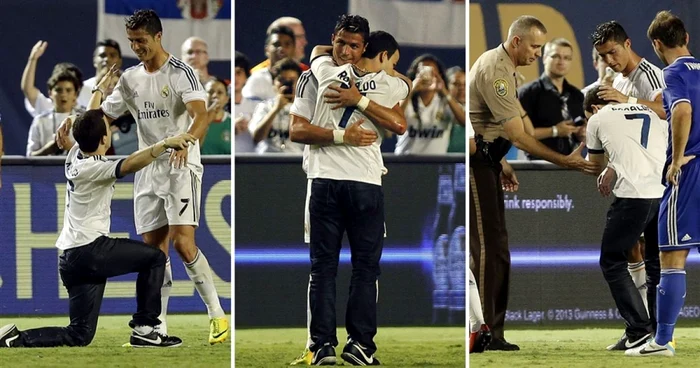 Suporterul albanez a pătruns pe teren, în august, la Miami, în timpul partidei Real Madrid - Chelsea (3-1) şi l-a îmbrăţişat pe Ronaldo. FOTO: Wilfredo Lee / AP, Andrew Innerarity / Reuters