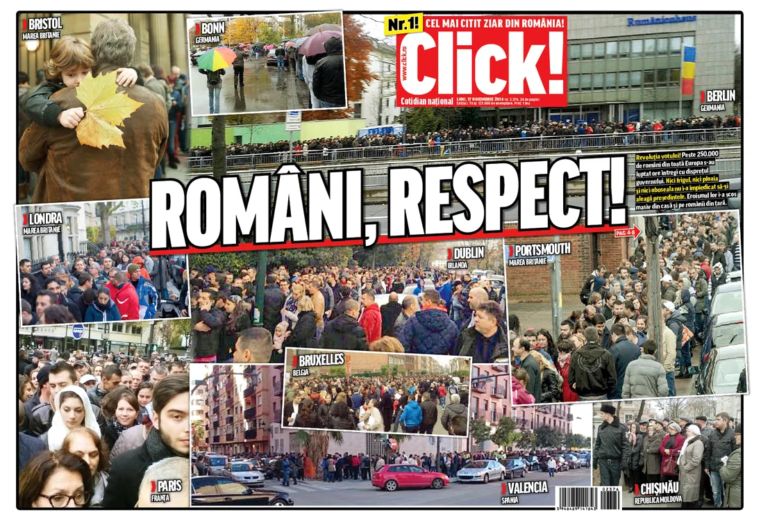 Ediția de luni a ziarului Click! a adus un omagiu românilor care au stat la cozi infernale duminică, 16 noiembrie, pentru a putea vota