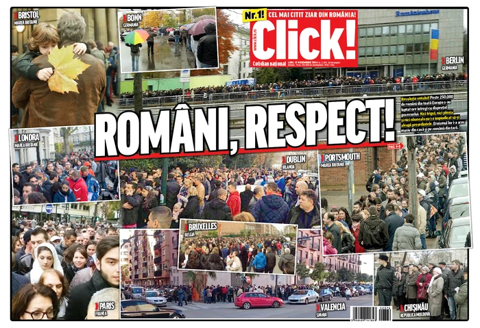 Ediția de luni a ziarului Click! a adus un omagiu românilor care au stat la cozi infernale duminică, 16 noiembrie, pentru a putea vota