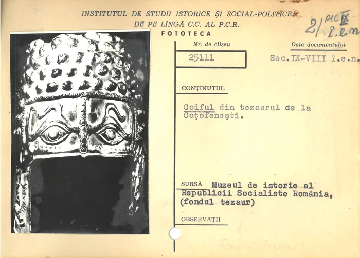 Imaginea coifului de la Coțofenești, în Fototeca Institutului de Studii Social-Politice