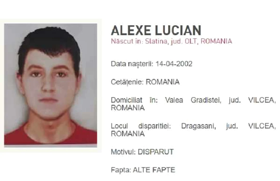 Alexe Lucian din Drăgăşani - dat dispărut după ce s-a considerat că a fost abandonat la naştere în urmă cu 18 ani - portret robot Foto Poliţia Română
