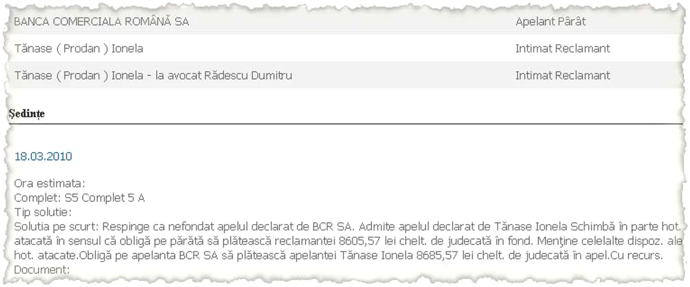 Pagina de Internet a instanţelor de  judecată dovedește numeroasele  procese dintre Ionela Prodan și BCR