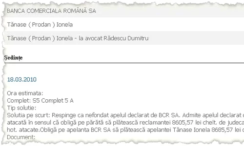 Pagina de Internet a instanţelor de  judecată dovedește numeroasele  procese dintre Ionela Prodan și BCR jpeg