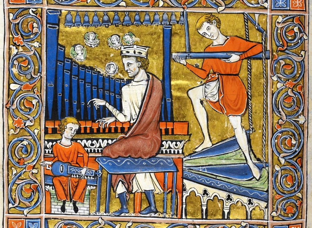 Reprezentarea unei orgi de sec. XIII în Psaltirea Rutland (cca. 1260), British Library