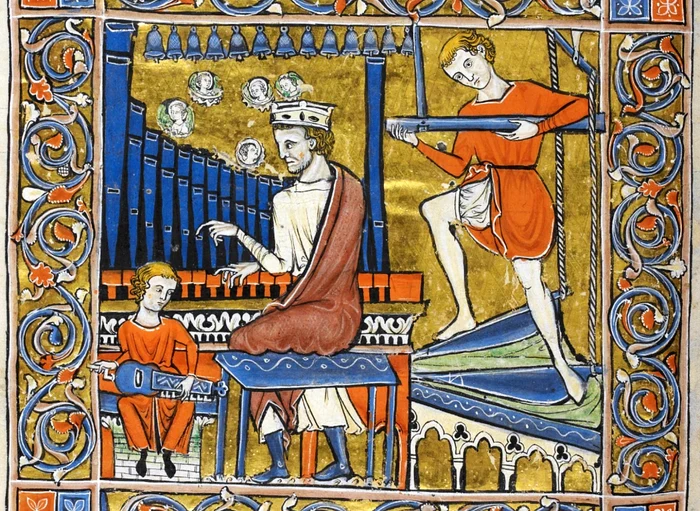 Reprezentarea unei orgi de sec. XIII în Psaltirea Rutland (cca. 1260), British Library