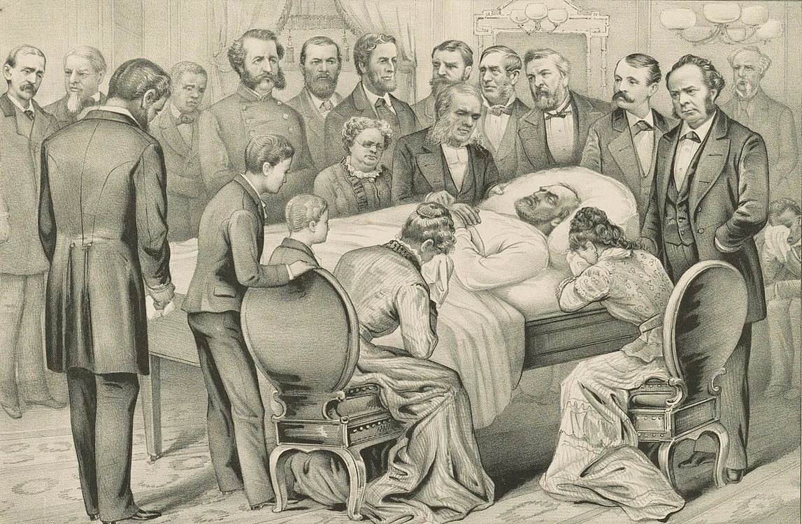 James Garfield, pe patul de moarte. Gravură de epocă (© Library of Congress)