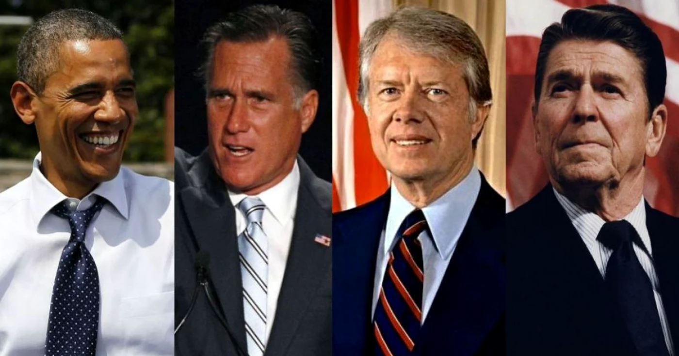 De la stânga la dreapta: Barack Obama, Mitt Romney, Jimmy Carter şi Ronald Reagan