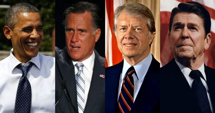 De la stânga la dreapta: Barack Obama, Mitt Romney, Jimmy Carter şi Ronald Reagan