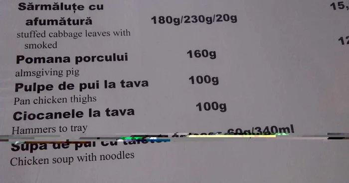 Meniu în limba engleză la o pensiune din Apuseni