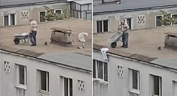 Bărbatul a fost filmat în timp ce arunca moloz de pe bloc FOTO Captură video