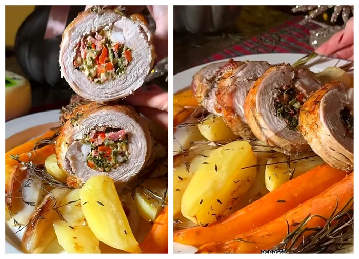 Ruladă de porc cu legume la cuptor / Foto: Colaj captură video TikTok