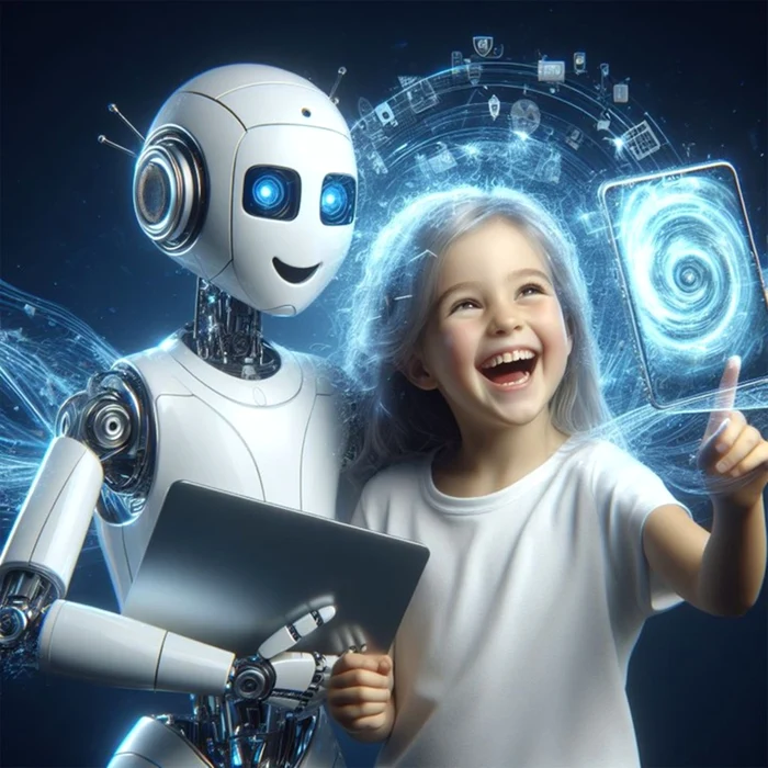 Un copil alături de un robot fascinat de mirajul inteligenței artificiale