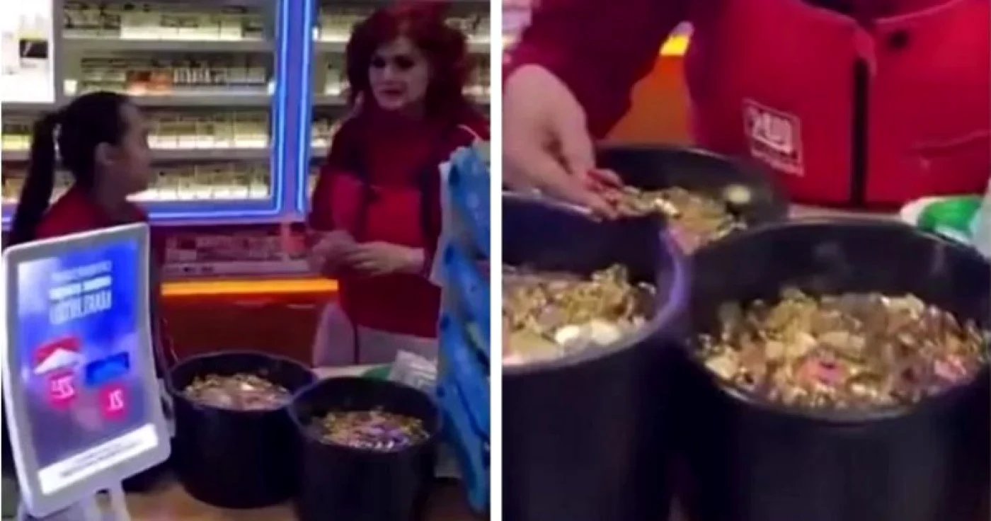 Momentul în care  casiera benzinăriei se trezeşte în faţă cu găleţile de monede pe FOTO youtube