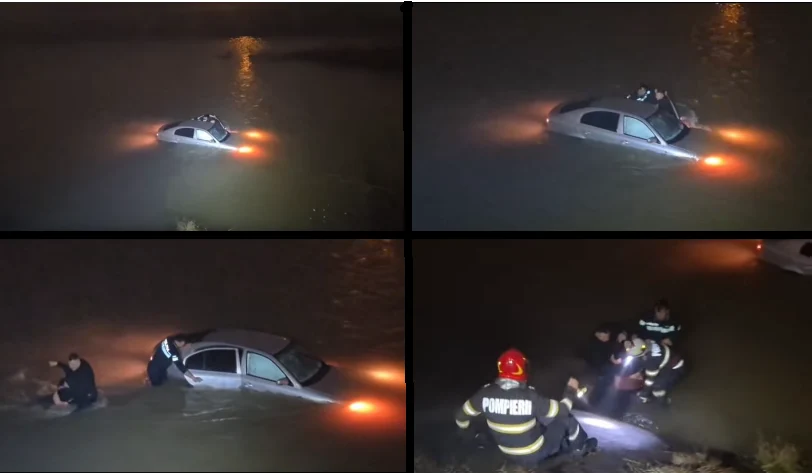 Momentele dramatice în care doi polițiști au sărit în apele reci ale Jiului pentru a salva o femeie care căzuse cu mașina în râu: "E o doamnă!"