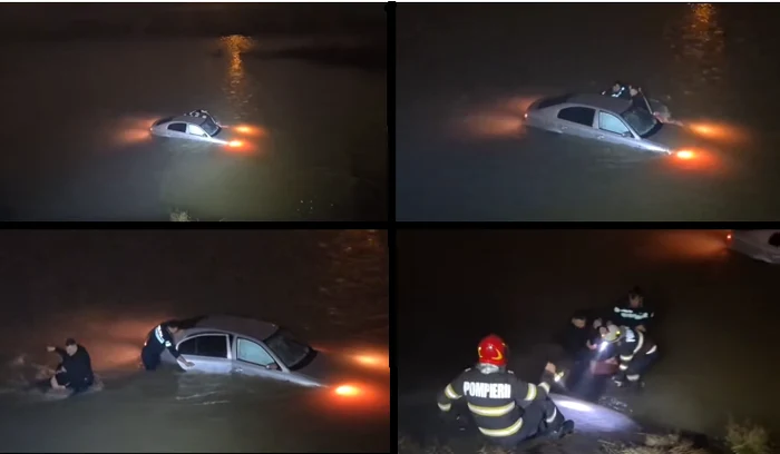 VIDEO Momentele dramatice în care doi polițiști au sărit în apele reci ale Jiului pentru a salva o femeie care căzuse cu mașina în râu: "E o doamnă!"