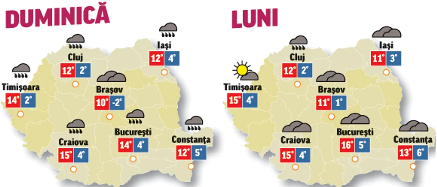 Prognoza meteo pentru următoarele două zile anunță precipitații și vânt în toată țara