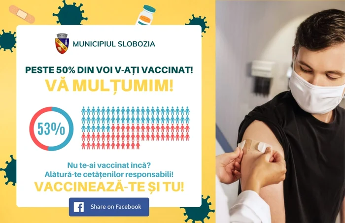 Mai mult de jumăptate din locuitorii Sloboziei s-au vaccinat FOTO Facebook/Municipiul Slobozia