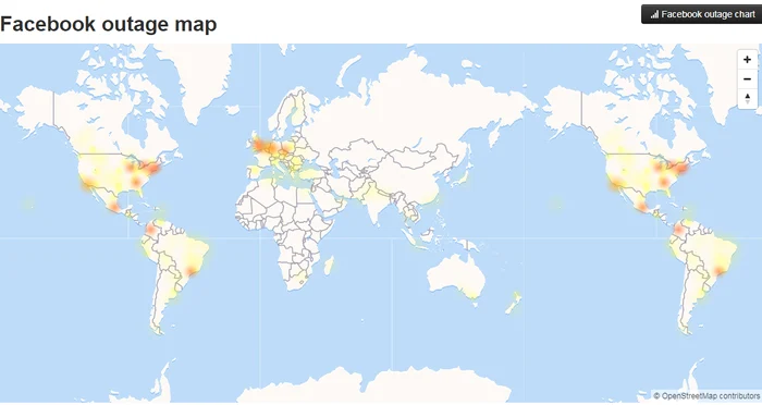 Pe hartă sunt marcate ţările în care au fost raportate probleme ale reţelei de socializare Facebook 