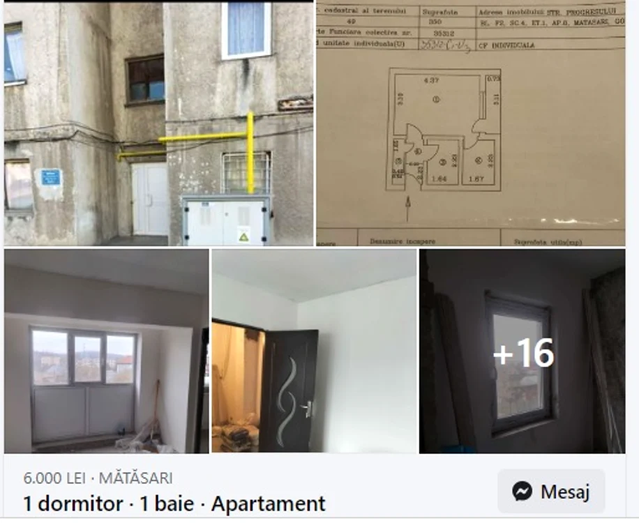 Garsoniera din Mătăsari este vândută cu mai puțin de 6.000 de euro Foto: Facebook