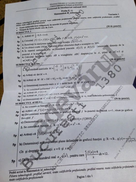 Subiecte matematică BAC 2015 sesiunea de toamnă. Profil tehnologic