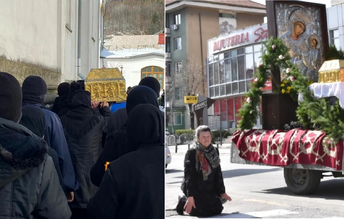 Procesiune religioasă cu Icoana Maicii Domnului făcătoare de minuni de la Mănăstirea Dintr-un Lemn şi moaştele unor sfinţi Foto colaj