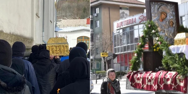 Procesiune religioasă cu Icoana Maicii Domnului făcătoare de minuni de la Mănăstirea Dintr-un Lemn şi moaştele unor sfinţi Foto colaj