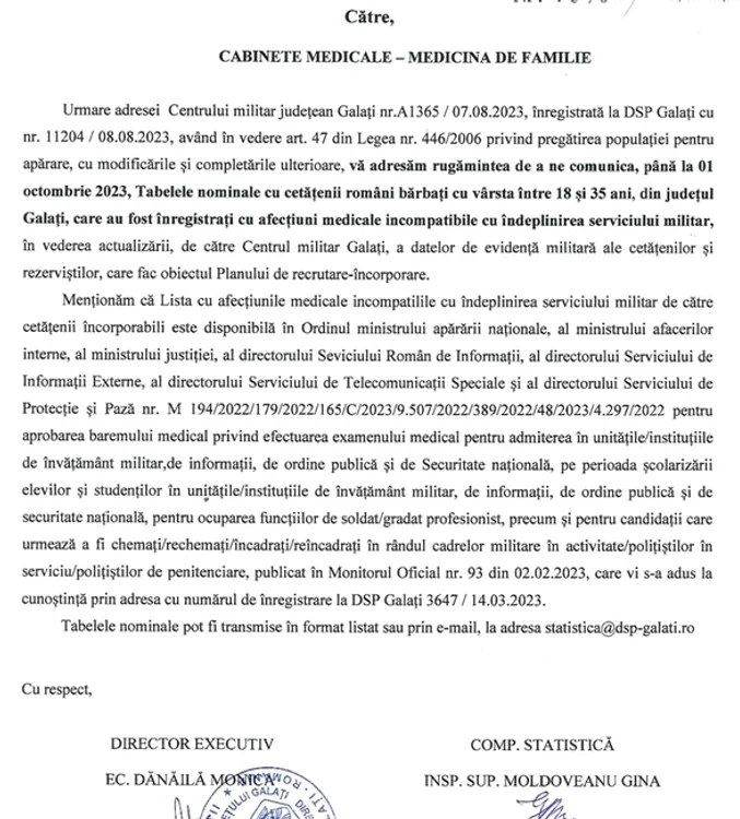 Solicitare controversată a Armatei către medicii de familie: vrea să știe câți români sunt inapți pentru serviciul militar 1 Documentul a ajuns la medicii de familie din Galați