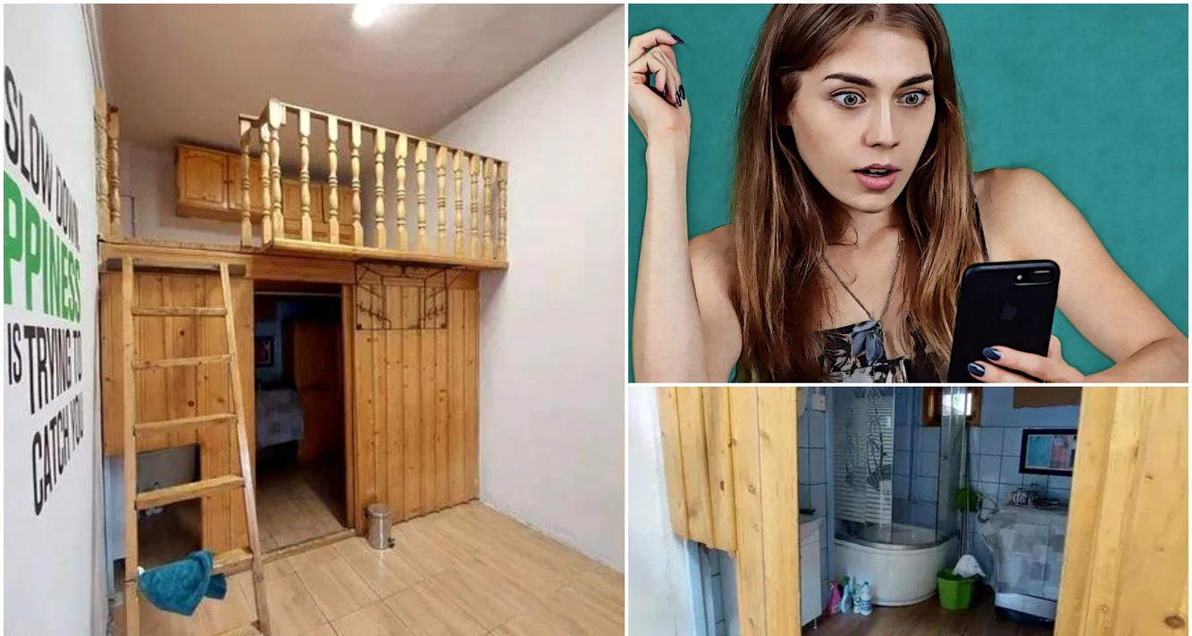 Garsoniera din Cluj-Napoca are lo de dormit deasupra băii. Sursa foto: colaj/storia.ro.