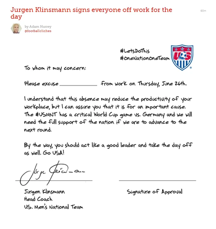 Scrisoarea de învoire semnată de Jurgen Klinsmann