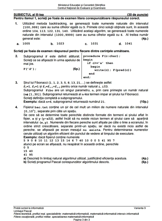 Bac 2015 subiecte Informatica Limbajul pascal/mate-info - prima sesiune
