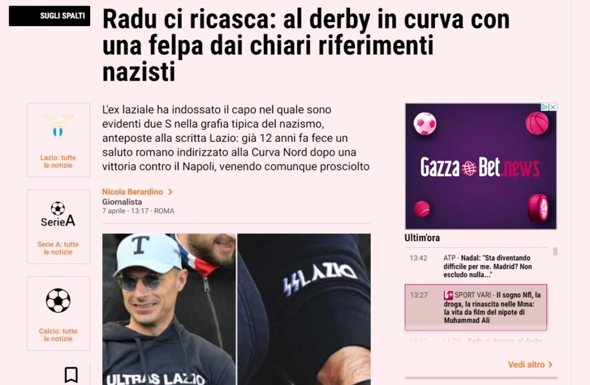 Gazetta dello Sport scrie despre gestul lui Ștefan Radu 