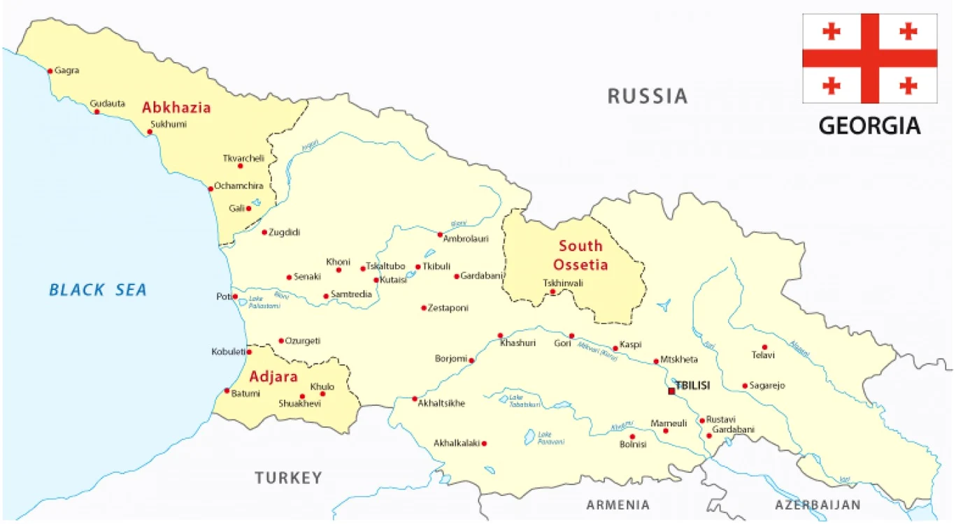 Harta Georgiei cu cele 3 regiuni separatiste: Abhazia, Adjaria și Osetia de Sud. Foto: Shutterstock