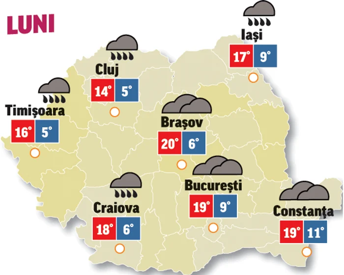 Săptămâna începe cu vreme instabilă, nori și precipitații, mai ales în partea de vest a țării