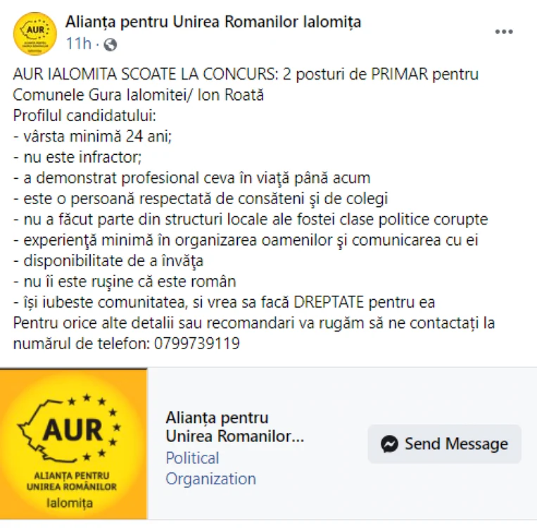 Anunt AUR FOTO Facebook AUR Ialomita