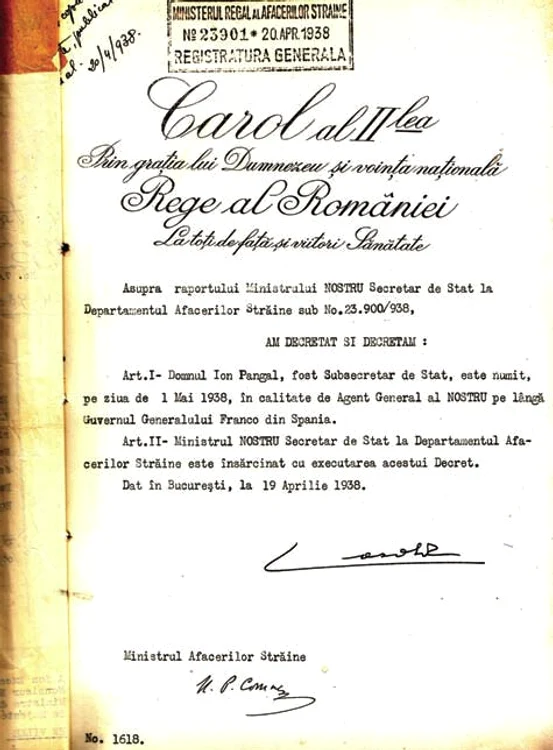 Decretul nr. 1618,  din 19 aprilie 1938,  al regelui Carol al II-lea,  privind numirea lui Jean Pangal în calitate de agent general al României pe lângă guvernul generalului Franco din Spania