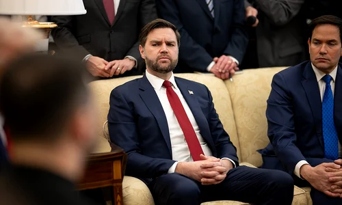 Donald Trump and Volodymyr Zelenskyy of Ukraine with JD Vance and Marco Rubio on Friday, 28 February 2025 at the White House, USA jpg