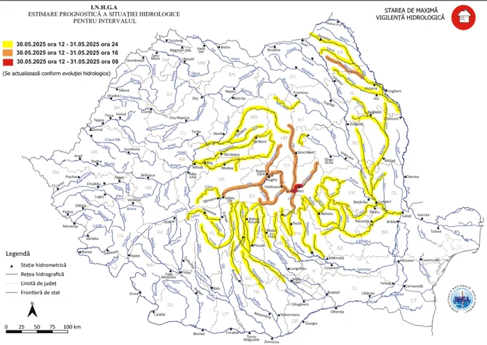 Avertizarea INHGA emisă vineri, 30 mai 2025 FOTO: www.hidro.ro