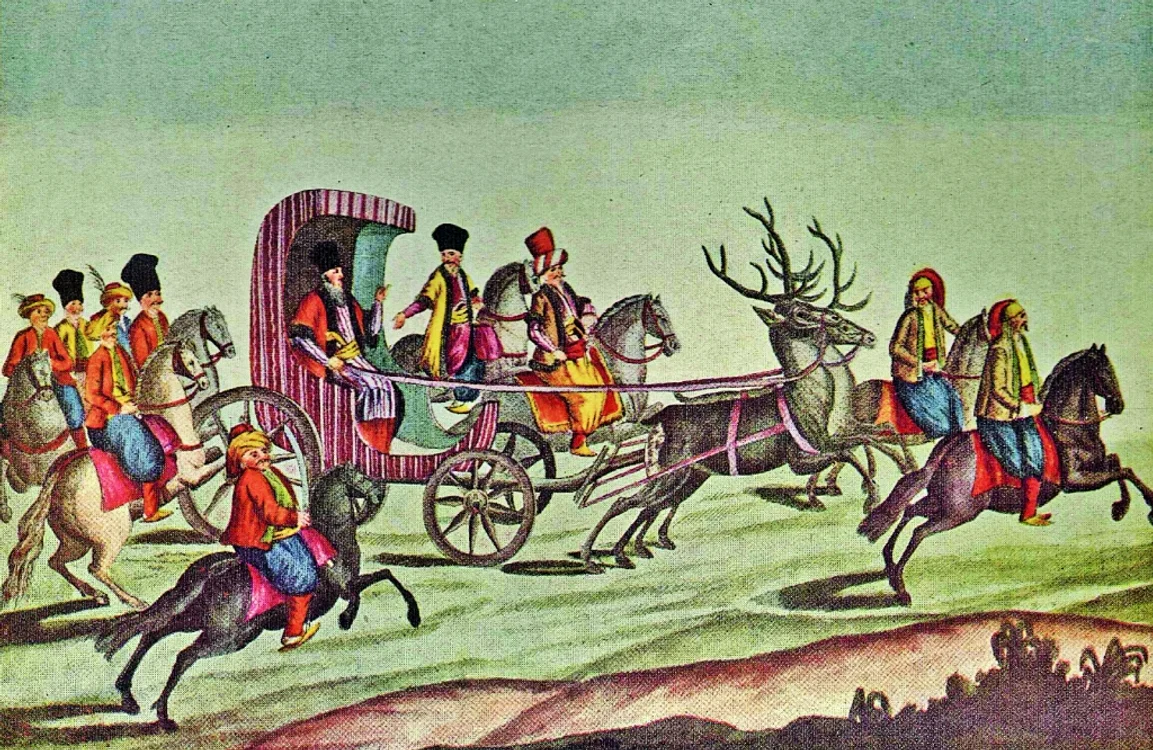 Domnitorul fanariot Nicolae Mavrogheni (1786-1789), în trăsura trasă de cerbi 