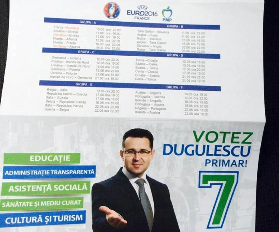 Candidatul PMP la Primăria Timişoara a distribuit un pliant electoral cu programul meciurilor de la Euro