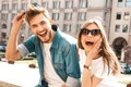 portrait smiling beautiful girl her handsome boyfriend woman casual summer jeans clothes jpg