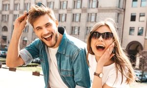 portrait smiling beautiful girl her handsome boyfriend woman casual summer jeans clothes jpg