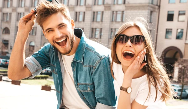 portrait smiling beautiful girl her handsome boyfriend woman casual summer jeans clothes jpg
