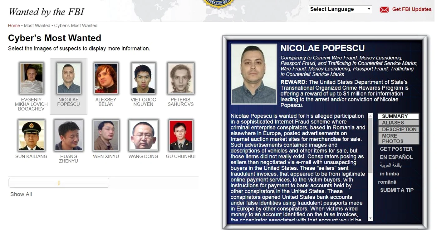 Nicolae Popescu, căutat de FBIRecompensa e de un milion de dolari